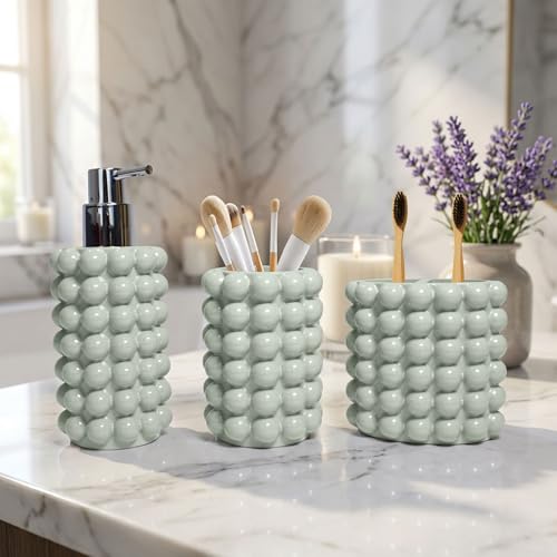 Better Trends Bathroom Accessories Set 3 Pieces Resin Bubble Textured Soap Dispenser, Toothbrush Holder & Tumbler for Vanity, Kitchen Sink & Countertop Organization Dark Sage Nova Collection - color: Dark Sage