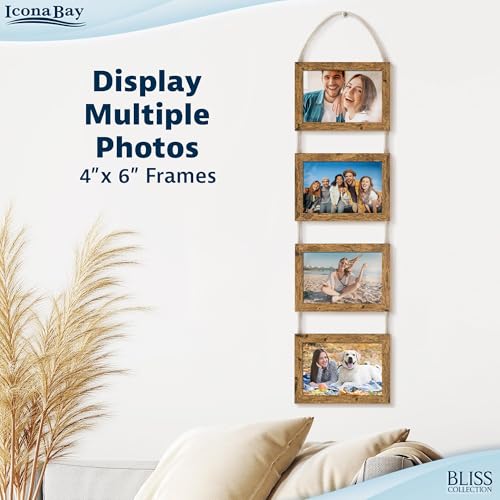 4x6 Wall Hanging Picture Frames Collage with 4 Openings - Rustic Brown - Casual Style Engineered Wood Frames - Wall Mount Only - Bliss Collection - color: Rustic Brown, size: 4x6