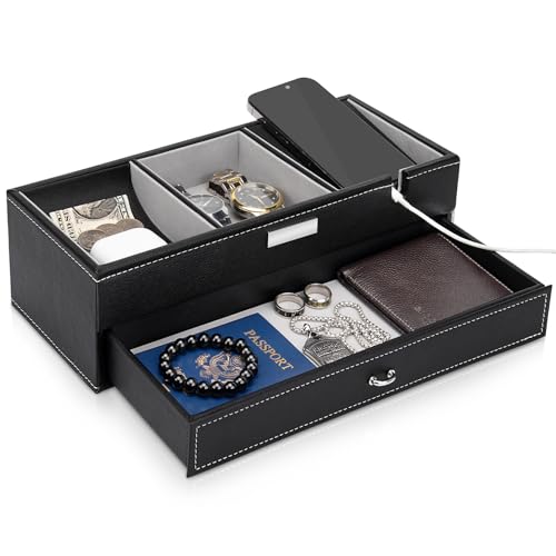 Baoyun Mens Valet Tray, Nightstand Organizers for Men, Leather Jewelry Storage Box Bedside Table Organizer EDC Catch All for Jewelry Key Wallet and Phone - color: Brown