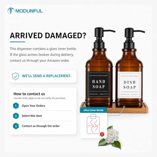Amber Glass Soap Dispesner Set 2 16.9oz Kitchen Sink Luxury Bathroom Decor | Anti-leak Stainless Steel Pump, Bamboo Tray Silicone Funnel, Refillable Bottles with Waterproof Labels Residue Free - color: Dm2647-brown