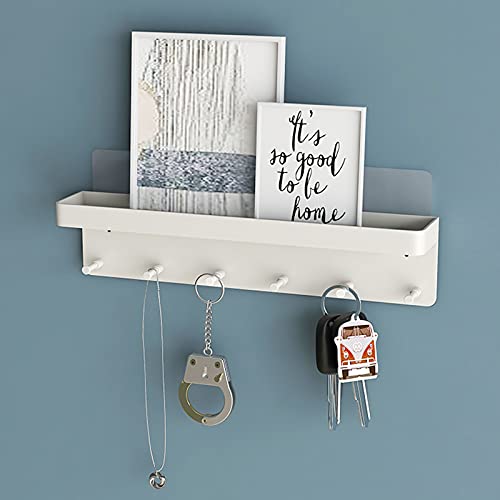 MKO Key Holder Wall Mount, Adhesive Key Hanger with 6 Hooks for Wall, White | Metal Material, Key Rack with Shelf, Wall Mount, Mail Organizer Tray, Suitable for Entryway, Hallway, Living Room - color: White 1pcs