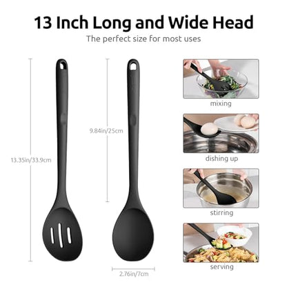 U-Taste 600ºF Silicone Spoon Set 13.3in Solid Slotted 2PCS & Spatula Set Heat Resistant & 600ºF Tongs Set 9 12inch Nonstick Stainless Handle(Black)