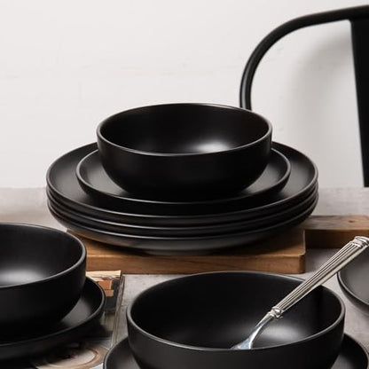 12-Piece Stoneware Dinnerware Set with Mugs | Microwave and Dishwasher Friendly | Stackable Matte Glaze Plates & Bowls | Service for 3 (Black for 4) - color: Black for 4