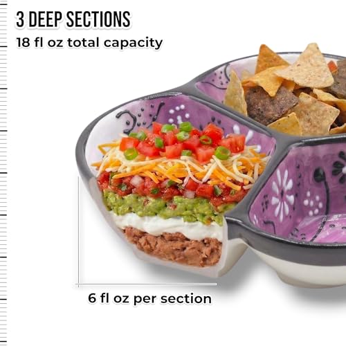 3-Compartment Ceramic Serving Dish, Handmade in Spain | 7.5” divided chip and dip bowl with lead-free glaze, microwave, oven and dishwasher safe, ideal for tapas, snacks and sauces - color: Onyx Lilac
