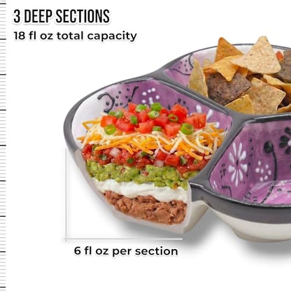 3-Compartment Ceramic Serving Dish, Handmade in Spain | 7.5” divided chip and dip bowl with lead-free glaze, microwave, oven and dishwasher safe, ideal for tapas, snacks and sauces - color: Onyx Lilac