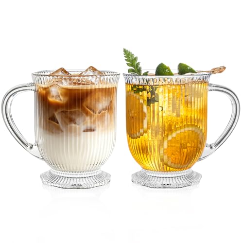 KEMORELA 16oz Ribbed Glass Coffee Mugs Set,Large Glass Mugs with Handle | 2-pack,Clear Thick glass,Wide base,Microwaves,Dishwasher safe,For Ice Coffee,Americano,Latte,Tea,Juice,Hot/Cold Beverages - color: Ribbed-2PCS