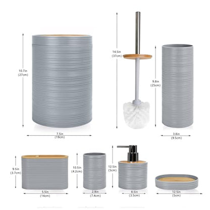 CERBIOR Bamboo Bathroom Accessories Set 6 Piece Spiral Bath Ensemble,Grey | Includes Soap Dispenser, Toothbrush Holder, Toothbrush Cup, Soap Dish for Decorative Countertop and Housewarming Gift - style: Grey