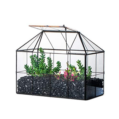 NCYP Glass Terrarium Planter with Lid for Small Succulent Plants, Grid House Shape Black Geometric Terrarium Pot, Home Garden Indoor Tabletop Decor, 9.84" x 5.31" x 7.87" (No Plants)