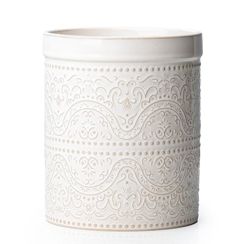 Kitchen Utensil Holder, 7 Inches Large Ceramic Utensil Holder for Countertop, Lace Emboss Cooking Utensil Crocks for Kitchen, Home Decor, Off-White - color: Off-White (Lace Emboss)