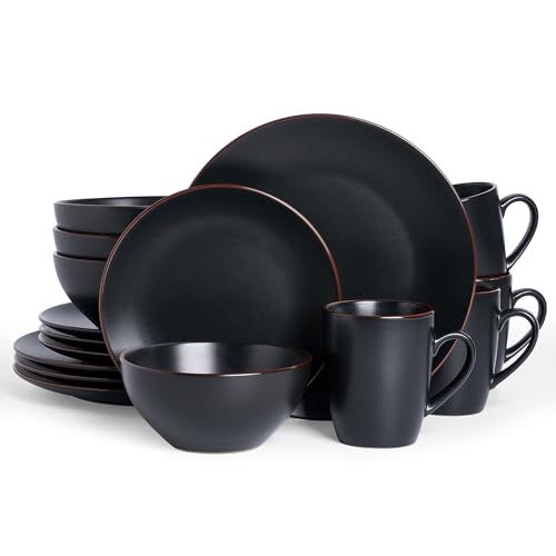 Famiware Venus Dinnerware Sets with Mugs, Ceramic Plates and Bowls for 4 | 16-Piece Stoneware Dishes, Microwave & Dishwasher Safe, Chip‑Resistant, Everyday & Formal Use, Modern Minimalist, Matte Black - color: Black, size: Serves 4 (16pc w/ Mug)