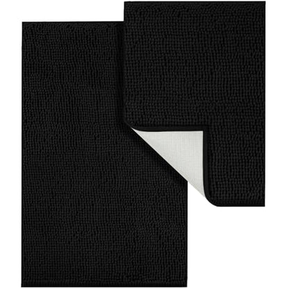 LINLA Bathroom Rugs Sets 2 Piece, Absorbent Soft Chenille Bath Mat,Black | Non-Slip ,Quick Dry, Washable, Carpet Mats for Floor, Tub and Shower,32" x 20"/24" x 17" - color: Black