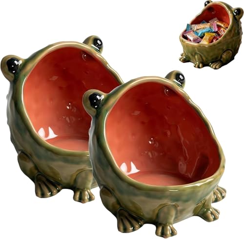 Cute Big Mouth Frog Ceramic Candy Dish & Key Bowl for Entryway Table, Funny Animal Figurine Jewelry Tray Organizer, Fun Desktop Storage for Kitchen Office Decor (2pcs) - color: 2pcs