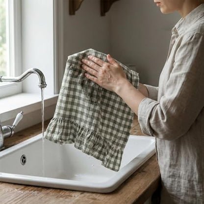 HunnmingRe Sage Green Kitchen Towels Set of 2, 100% Cotton Ruffled Gingham Dish Towels 18"x28" Tea Cloths Classic Plaid Pattern for Farmhouse Charm, Drying Dishes, Entertaining Guests - color: Sage Green, style: Gingham