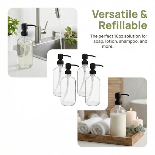 4 Pack Glass Soap Dispenser with Matte Black Stainless Steel Pump, 16 Oz Clear Boston Round Bottles Bathroom Kitchen Soap Dispenser for Essential Oil, Dish Soap, Hand Soap, Lotion Soap
