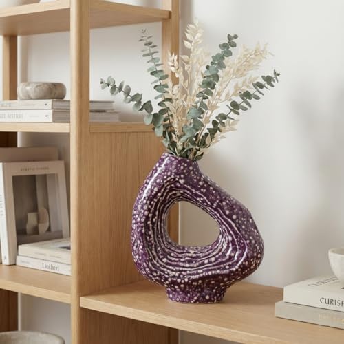 Sunddo Ceramic Flower Vase, 9 Inch, Purple | Modern, Unique Donut Design, For Living Room, Centerpiece Table, Kitchen, Fireplace, Bookshelf - color: Purple, size: 9 inch