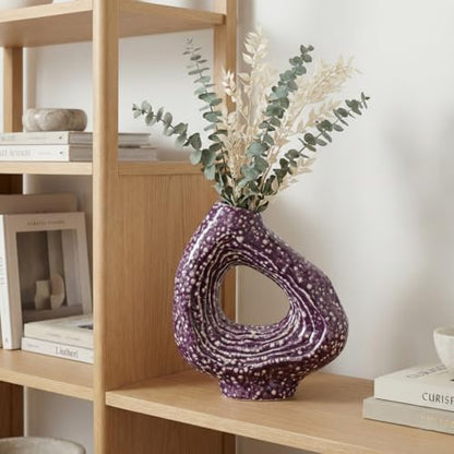 Sunddo Ceramic Flower Vase, 9 Inch, Purple | Modern, Unique Donut Design, For Living Room, Centerpiece Table, Kitchen, Fireplace, Bookshelf - color: Purple, size: 9 inch