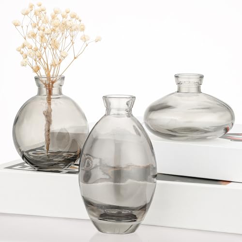 Suream Gray Vases for Flowers, 3 Packs Mini Vases for Centerpieces, Modern Glass Bud Vases for Wedding Party Dining Room Decoration - color: Gray