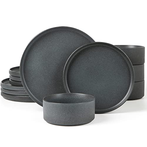Famiware Star Stoneware Dinnerware Set, Reactive Glaze Plates & Bowls for 4 | 12-Piece Handmade Ribbed Dishes, Chip & Scratch Resistant. Microwave & Dishwasher Safe, Rustic Modern, Matte Dark Charcoal - color: Matte Dark Charcoal, size: Service for 4
