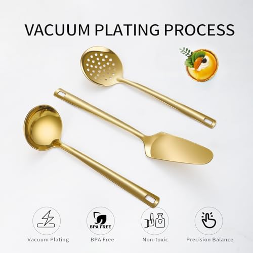Lazycorner Cooking Utensil Set 11 Pcs Stainless Steel Kitchen Utensils Set Wok Utensils Kitchen Tool Set Spatula Set Heat Resistant Metal Kitchen Tools Ergonomic HandleEasy to Clean Dishwasher Safe - color: Gold