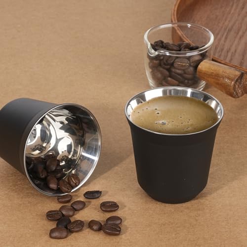 RECAPS 80ml Stainless Steel Espresso Cups Set (Black) | 2 Pack Double Wall 304 Stainless Steel Demitasse Cups 2.7oz,Black (Small Cup) - color: Black