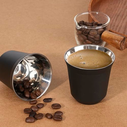 RECAPS 80ml Stainless Steel Espresso Cups Set (Black) | 2 Pack Double Wall 304 Stainless Steel Demitasse Cups 2.7oz,Black (Small Cup) - color: Black