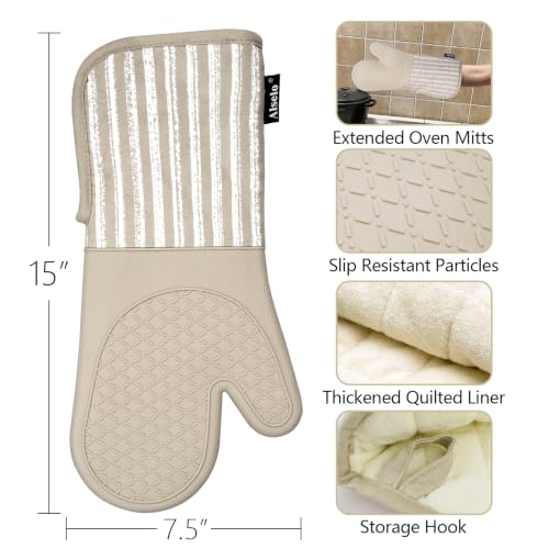 Alselo Silicone Oven Mitts Heat Resistant 932℉ with Waterproof & Non-Slip | Kitchen Mittens Set of 2,Extra Long 7.5"x15" Oven Gloves with Soft Cotton Terry Lining for Baking Cooking BBQ (Khaki,2) - color: Khaki