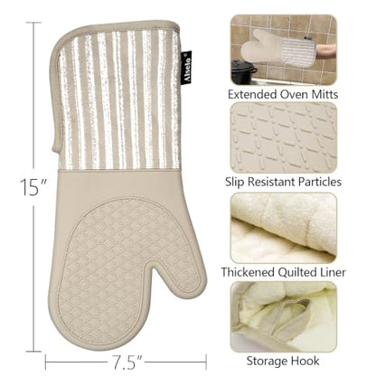 Alselo Silicone Oven Mitts Heat Resistant 932℉ with Waterproof & Non-Slip | Kitchen Mittens Set of 2,Extra Long 7.5"x15" Oven Gloves with Soft Cotton Terry Lining for Baking Cooking BBQ (Khaki,2) - color: Khaki