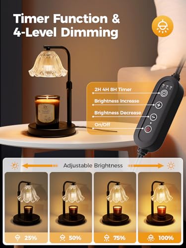 Candle Warmer Lamp with Timer - Adjustable Height for Jar Candles | Metal and glass candle warmer with 4 brightness levels, 2/4/8-hour timer, adjustable 7.08-11.1 in pole and two 50W bulbs - color: Flower Candle Warmer Lamp