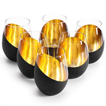 MyGift Modern Matte Black and Gold Tilted Design Stemless Wine Glasses Tumblers - 18 oz, Set of 6 - color: Black (Set of 6)