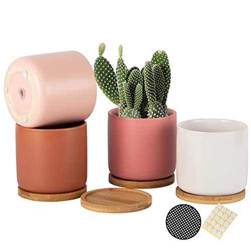 4 Inch Ceramic Multicolor Pots with Saucer & Drainage Hole, Set of 4 | Modern Round Planters, Small Indoor Outdoor Planter Pot, for Succulent Flowers Snake Plants Cactus Herbs, Plant Not Included - color: Warm Multicolor