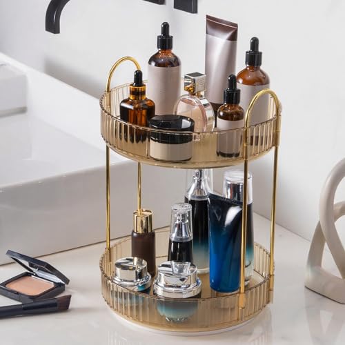 INVSSENE 360 Rotating Makeup Organizer, Yellow, Unisex, 2 Tier Countertop Storage, Large Capacity, Cosmetics, Perfume, Skincare, Lipsticks - color: Yellow, size: 2 Tiers