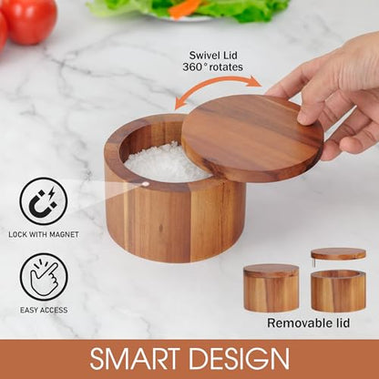 Demigo Acacia Wood Salt Cellar, 9 oz Salt Box with Swivel Lid, Spice Jar | Wooden Salt Keeper & Seasoning Storage for Kitchen Counter, Holds Table Salt, Sea Salt, Herbs, Pepper & Sugar - color: Acacia Original Salt Box