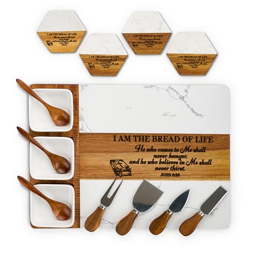 AWESOMETIK Personalized Bible Verse, Acacia Wood & Marble Charcuterie Board – Custom Engraved Cheese Board with Knife Set – Perfect Wedding & Housewarming Gift - Christian Wedding Gift
