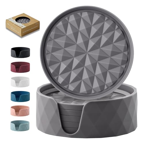 Silicone Drink Coasters Set of 6, Desk Cup Coaster | Prevents Condensation&Spills, Non-Slip, Reusable&Easy Clean, Diamond Pattern, Stylish Office&Home Decor, Gift, Dark Grey - color: Dark Grey, size: 6×3.9inches