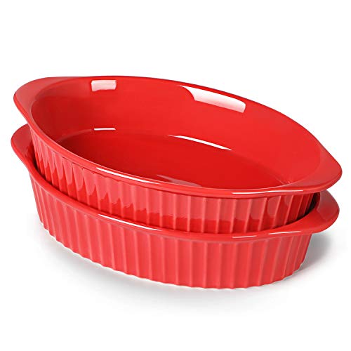 LEETOYI Porcelain Small Oval Au Gratin Pans, Baking Dish Set for 1 or 2 person servings, Bakeware with Double Handle for Kitchen and Home, Set of 2 (Red) - color: Red
