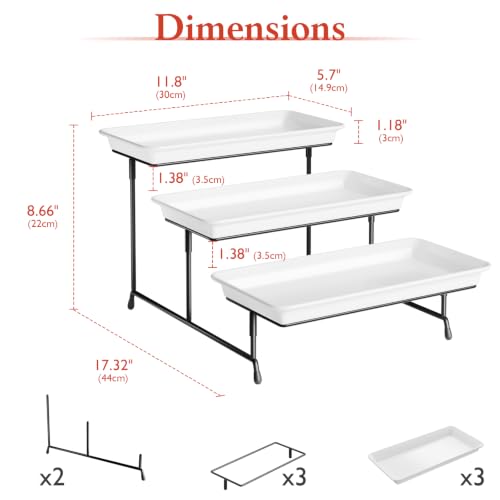 Bumusty 3-Tier Melamine Serving Tray Set, 11.5 x 5.6 in, Black Stand | Melamine Reusable Platters with Metal Display Stand for Cupcakes, Desserts, Fruit, Cookies, Parties, Birthdays and Holidays - color: Black, size: 11.8" x 5.7"