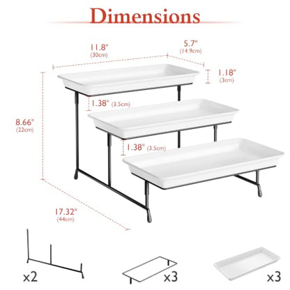 Bumusty 3-Tier Melamine Serving Tray Set, 11.5 x 5.6 in, Black Stand | Melamine Reusable Platters with Metal Display Stand for Cupcakes, Desserts, Fruit, Cookies, Parties, Birthdays and Holidays - color: Black, size: 11.8" x 5.7"