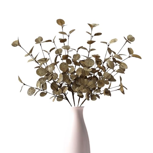 4PCS 24" Champagne Metallic Artificial Eucalyptus Stems – Real Touch Faux Eucalyptus for Vase Decoration, Living Room, Christmas & Holiday Home Decor - color: Champagne Gold