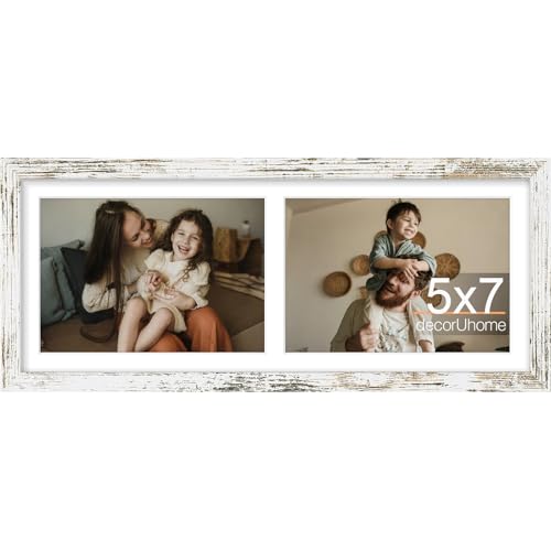 decorUhome 2 5x7 Picture frames Collage Wall Decor with Mat, MD12DW | Distressed White 6x15 Engineered Wood Picture frame, Fits Two 5x7 Photos with Mat, 1 Pack - color: Distressed White, size: 6x15 (2-5x7)