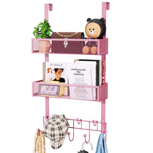 HapiRm Over The Door Hanger with Coat Hooks and 2 Baskets, Rustproof & Waterproof Pink Over The Door Hooks, Storage Organizer for Hats, Bathroom, Kitchen, Bedroom - Pink - color: Pink-2 Baskets