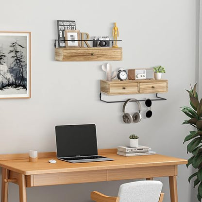dreampossible 2-Pack Rustic Floating Shelves with Drawer, Wall Mounted Bathroom Shelf, 15.8 Inch Long, Brown Wood & Metal, 30 lbs Capacity - color: Brown, size: 15.8 Inch Long