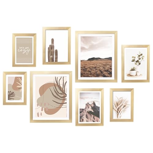 Gallery Wall Frame Set, 8 Pack Neutral Wall Decor, Gold, Small | Elegant Collage Picture Frames Wall Art for Living Room, Entryway, Stairway, Bedroom, Assorted Size - color: Gold, size: Small