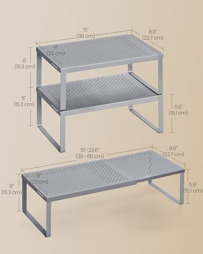 SONGMICS Spice Racks Expandable Kitchen Countertop Shelves, Metal | Set of 2 small cupboard organizers, space-saving tabletop shelves, Silver, UKCS402FG01 - color: Silver, size: Set of 2