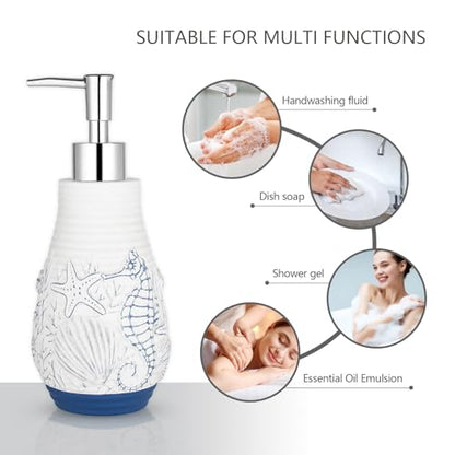 Beach Theme Bathroom Accessory Sets 4PCs Bathroom Set Complete Embossed Seashell Starfish Design Includes Lotion Dispenser Toothbrush Holder Tumbler Cup & Soal Dish - color: White With Blue, size: Soap Dish