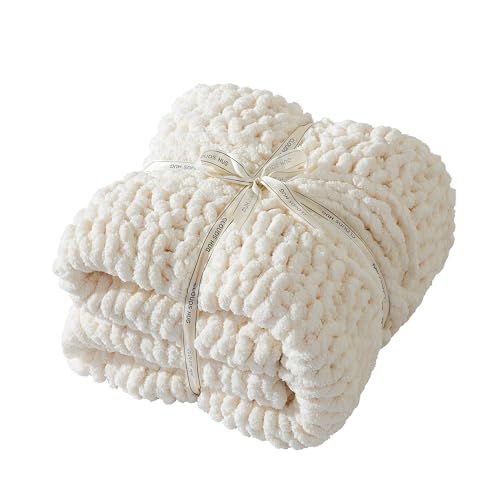 Chunky Knit Blanket Throw, White, 40x50 Inches | 100% Hand Knitted, Chunky Soft, For Couch, Thick and Warm, For Winter - color: White, size: Throw (40" x 50")