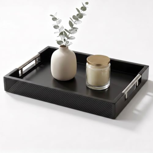 Decorative Serving Tray, Modern Rectangle Wood Tray with Polished Metal Handles, Glossy Finish, 16.5x12 Inch, for Coffee Table, Ottoman (Black) - color: Black