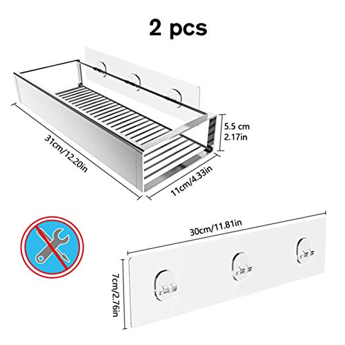 Bathroom Adhesive Shower Caddy Basket Shelf with Hooks, No Drilling Removable Bathroom Shelf Organizer,Stainless Steel Rustproof Shower Rack for Shampoo Storage, Sponge Holder-Silver - color: Silver