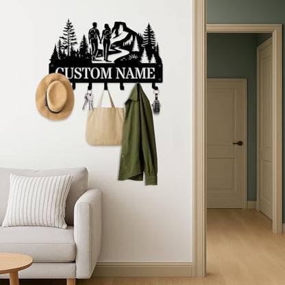 NIWAHO Personalized Key Holder Wall Mount Custom Hiking Couples Silhouette with Name – Metal Key Rack for Entryway, Kitchen – Coat Hooks for Bedroom, Living Room – Wedding Gift for Wife - color: Couple Hiking