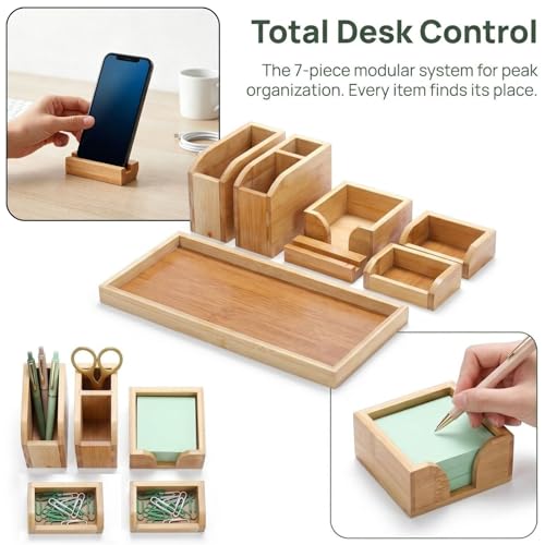 Cididu Bamboo Vanity Tray, 7 Pieces Adjustable Pen Holder Stationery Caddy, Bathroom Vanity Organizer Set, Sturdy Countertop Desk Tray Storage Boxes Office Supplies for Makeup Small Items Home Kitchen
