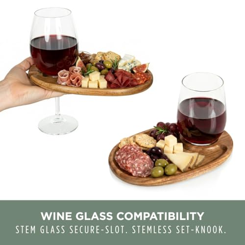 PICNIC TIME Wine Appetizer Plates, Set of 4 Wooden Cocktail Plates with Glass Holder, Mini Charcuterie Boards for Wine and Cheese Parties, Acacia Cheese Board Serving Trays (Oval - Acacia Wood)